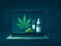 A laptop displaying cannabis products including buds and tinctures against a tech-themed background.